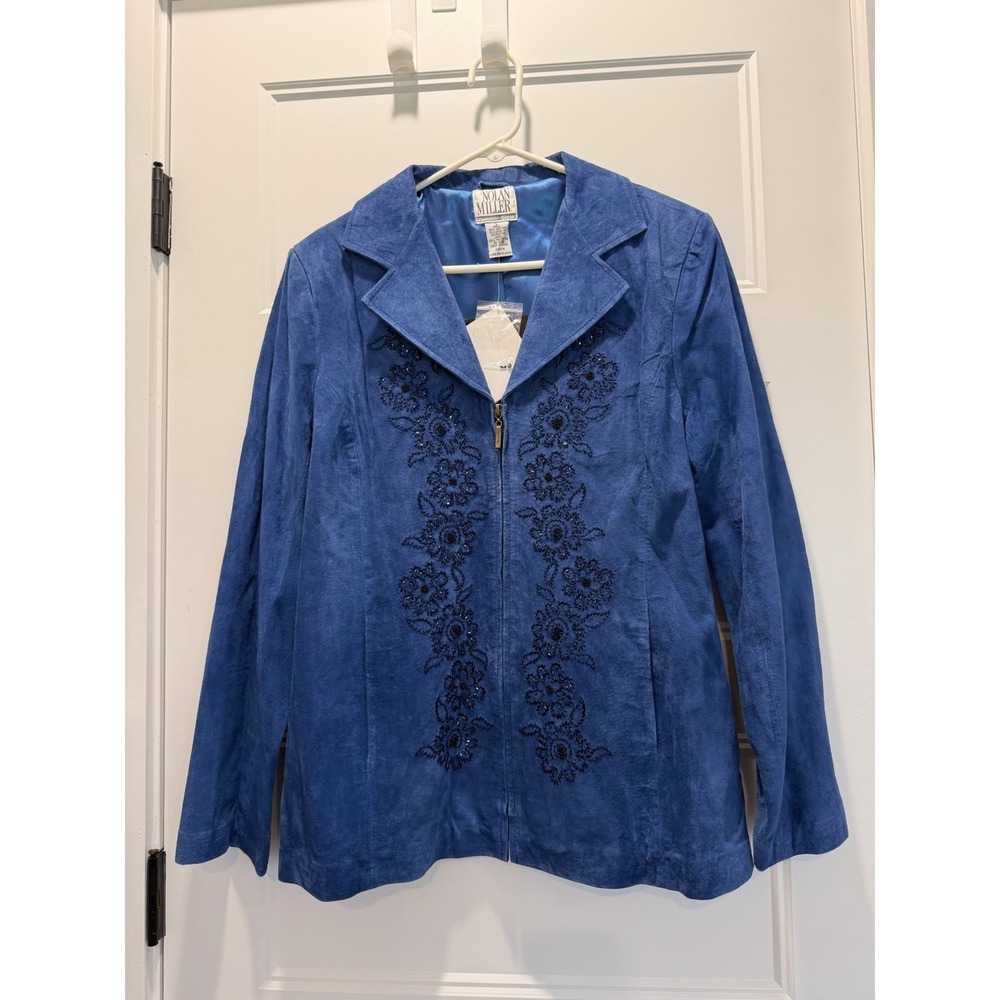 NWT Nolan Miller Glamour‎ Style Blue Jacket Beaded Floral Suede Zip Front L